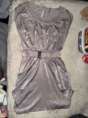 a'gaci Shimmery Taupe Mini Dress with Decorative Belt